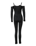 Sexy Party Night Out Jumpsuit Women Elegance Plain Glitter Cold Shoulder Long Sleeve Contrast Lace Corset Skinny Jumpsuit