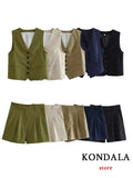 KONDALA Casual Linen Women Suits 2 Pieces V Neck Buttons Vest Blazer+High Waist Wide Leg Shorts Fashion 2023 Summer Vintage Sets