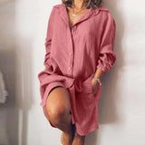 Casual Loose Sundress Women Cotton And Shirt Long Sleeve Dress Casual Loose Cardigan Single Breasted Maxi Dress