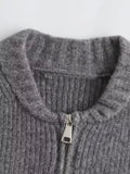 Fashion Kint Grey Zippers Women Cardigan Sweater Spring Long Sleeve Pleater Female Sweaters 2024 Elegant Casual Lady Outwear