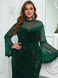 Plus Size Evening Dresses Fashion Women Sequins Mesh Patchwork Long Sleeve Party Dresses Large Size Elegant Ladies Dresses