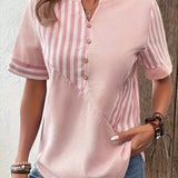 greatnfb  Striped Print Notched Neck Blouse, Casual Short Sleeve Button Front Blouse For Spring & Summer, Women's Clothing