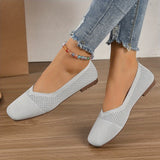 Women's Solid Color Flat Shoes, Breathable Knit Square Toe Shoes, Lightweight & Comfortable White Shoes