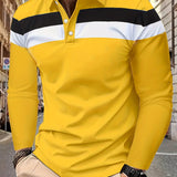 Men's Stylish Color Block Polo Shirts - Long Sleeve Lapel Golf Polos with Mid Stretch, Regular Fit, and Casual Style for Spring/Autumn Season Wear