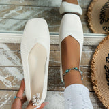 Women's Solid Color Flat Shoes, Breathable Knit Square Toe Shoes, Lightweight & Comfortable White Shoes