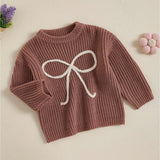 Cozy Toddler Girl Sweater - Soft Bowknot Embroidery, Long Sleeve, Round Neck, Loose Knit Pullover for Fall, Casual, Comfortable, and Adorable Outfit for Little Princesses