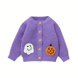 Cute Knitted Ghost Pumpkin Cardigan Sweater - Soft, Warm, Crew Neck, Embroidery Design, Fall Winter Jacket - Halloween Themed Baby Girls' Clothing for Cold Weather