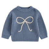 Cozy Toddler Girl Sweater - Soft Bowknot Embroidery, Long Sleeve, Round Neck, Loose Knit Pullover for Fall, Casual, Comfortable, and Adorable Outfit for Little Princesses