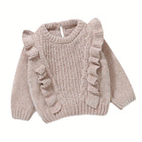 6 Months-3 Years Toddler Baby Girl Sweater, Long Sleeve Crew Neck Frills Solid Fall Winter Warm Knit Pullover Sweater Clothes