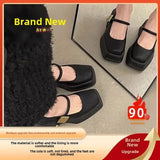 Womens Elegant Summer Style French Mary Jane Shoes Thick Heel Metal Buckle British Style Flat Shoes For Commuting 240705