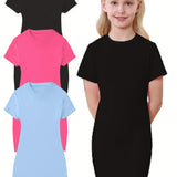 3-Pack Girls Short Sleeve Slim Fit T-Shirt Dress - Soft & Breathable, Crew Neck, Solid Colors, Casual Everyday Style