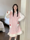 Luxurious Bow Pattern Fuzzy Robe for Women - Soft Long Sleeve Hooded Sleepwear with Buttons, Ruffles, and Pockets - Cozy Plush Winter Nightwear for Cold Nights