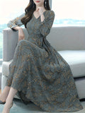 greatnfb  Elegant Long Sleeve Floral Midi Dress - Vintage-Inspired V-Neck Design, Perfect for Casual and Formal Occasions, Woman's Chic Wardrobe Essential