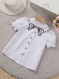 Cotton Girls Lapel Collar Puff Sleeve Short Sleeve Shirt - Fashionable Solid Color Summer Wear - Hand Wash Only, Non-Stretch, Regular Fit, Woven Fabric