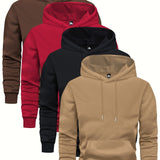 4 Pcs Men's Solid Color Hoodie - Soft, Breathable, Casual Long Sleeve Hooded Sweatshirt with Kangaroo Pocket for Outdoor Activities, Daily Wear, and Travel - Comfortable, Relaxed Fit