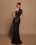 Gorgeous Black Mermaid Evening Elegant V Neck Lace Illusion Prom Dress Split Long Dresses For Special Ocns 0515