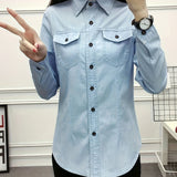 Plain Washed Blue Long Sleeve Casual Style Denim Shirts Top, Women's Denim Jeans & Clothing