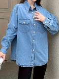 Chic Womens Denim Shirt - Flattering Long Sleeves, Trendy Oversized Fit - Perfect for Spring/Autumn - A Fashion Statement in Classic Blue Jean