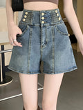 greatnfb High Rise Breasted Pintuck Denim Shorts, Retro Style Loose Fit Hot Denim Shorts, Women's Denim Jeans & Clothing