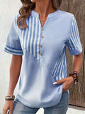 greatnfb  Striped Print Notched Neck Blouse, Casual Short Sleeve Button Front Blouse For Spring & Summer, Women's Clothing