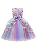 Elegant Girls' Unicorn Birthday Party Dress - Rainbow Tulle Ball Gown with Floral Applique, Comfort Fit