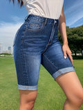 greatnfb Roll Up Trim Washed Denim Shorts, Slant Pocket Mid-stretch Streetwear Stylist Denim Shorts, Women's Denim Jeans & Clothing