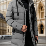 Men's Winter Thickened Padded Hooded Pullover Coat, Windproof Mid-Length Warm Casual Fashion Cotton Jacket, Polyester Fabric, Solid Color, Regular Sleeves, Long Length, Zipper Closure, Pocket Detail, Daily & Leisurewear