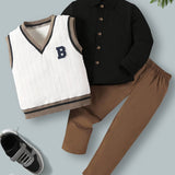 3-Piece Boys' Casual Outfit Set - Soft Button-Up Cardigan, Contrast Trim Ribbed Sweater Vest, and Loose-Fitting Comfortable Pants for Spring and Autumn - Easy to Mix and Match