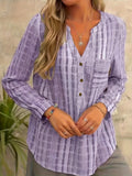 greatnfb  Plus Size Casual Blouse, Women's Plus Striped Print Long Sleeve Button Up Notched Neck Pocketed Shirt Top