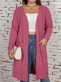 Plus Size Solid Color Double Pockets Cardigan, Casual Open Front Long Sleeve Cardigan For Spring & Fall, Women's Plus Size Clothing