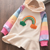 Girls' Rainbow Patterned Pleated Dress Hoodie - Casual Polycotton Long Sleeve Pullover for Spring & Fall