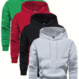 4 Pcs Men's Solid Color Hoodie - Soft, Breathable, Casual Long Sleeve Hooded Sweatshirt with Kangaroo Pocket for Outdoor Activities, Daily Wear, and Travel - Comfortable, Relaxed Fit