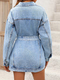 Plain Washed Blue Tie Belt Long Sleeve Stylish Chic Streetwear Denim Jacket, Women's Denim Jeans & Clothing