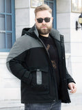 Plus Size Mens Warm Hooded Jacket, Loose Oversized Color Block Jacket Coat With Patch Pockets For Winter, Men's Parka