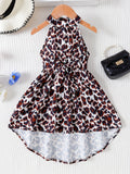 Girls Leopard Print Halter Dress - Fashionable Dot Pattern, Sun-Ready Sleeveless Design - Perfect Casual Summer Wear for Playful Girls, A Delightful Gift Idea