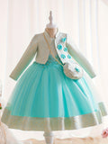 3pcs Girls Glamorous Puffy Princess Dress Set - Flower Embellished, Jacquard Jacket & Bag - Perfect for Parties & Performances