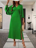 greatnfb  Solid Color V-neck Dress, Elegant Ruffle Sleeve Split Hem A-line Dress For Spring & Summer, Women's Clothing