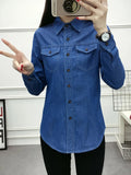 Plain Washed Blue Long Sleeve Casual Style Denim Shirts Top, Women's Denim Jeans & Clothing