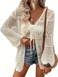 Plus Size Scallop Trim Solid Kimono, Casual Cut Out Long Sleeve Lace Up Kimono, Women's Plus Size Clothing