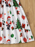 Girls' Christmas Santa Print Long Sleeve Dress, Cute Polyester Fabric, Stretchy, Christmas Pattern, A-Line, Ruffle Detail, Spring/Autumn Season, Children'S Fashion Dress