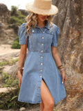 Knee-length Jean Dress - Relaxed Casual Style with Classic Button Down Front and Comfortable Short Sleeves - Designed for Women, Perfect for Summer Outings and Everyday Wear