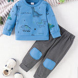 2pcs Boy's Color Clash Outfit, Dinosaur Pattern Sweatshirt & Patched Sweatpants Set, Casual Long Sleeve Top, Kid's Clothes For Spring Fall Winter, As Gift