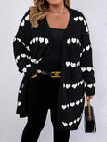 Plus Size Heart Pattern Knitted Cardigan, Casual Long Sleeve Open Front Cardigan, Women's Plus Size Clothing