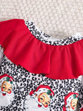 Christmas Dress Up, Long Sleeve Pullover Top & Flared Long Pants Set With Cartoon Santa Leopard Print For Toddler Baby Girls Outdoor Clothes