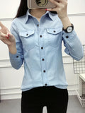 Plain Washed Blue Long Sleeve Casual Style Denim Shirts Top, Women's Denim Jeans & Clothing