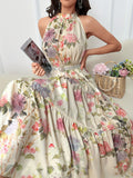 greatnfb  Floral Print Tiered Halter Dress, Elegant Sleeveless A-line Dress, Women's Clothing