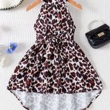 Girls Leopard Print Halter Dress - Fashionable Dot Pattern, Sun-Ready Sleeveless Design - Perfect Casual Summer Wear for Playful Girls, A Delightful Gift Idea