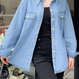 Chic Womens Denim Shirt - Flattering Long Sleeves, Trendy Oversized Fit - Perfect for Spring/Autumn - A Fashion Statement in Classic Blue Jean