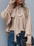 greatnfb  Ruffle Trim Tie Neck Blouse, Casual Solid Long Sleeve Blouse For Spring & Summer, Women's Clothing