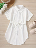 Girls Elegant Longline Shirt Dress with Pockets - Loose Fit, Non-Stretch Polyester, Machine Washable, Semi-Sheer, Solid Color, Lapel Collar, Roll-up Sleeve, Perfect for Summer Casual Wear